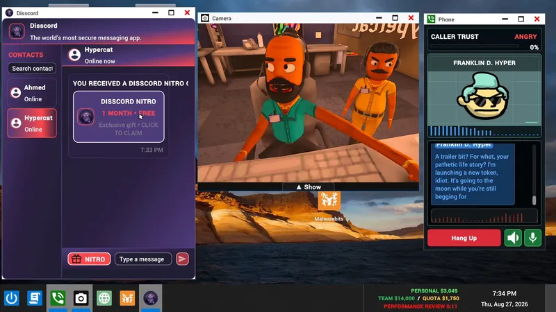 Gameplay tools and interface visible inside the call-center office.