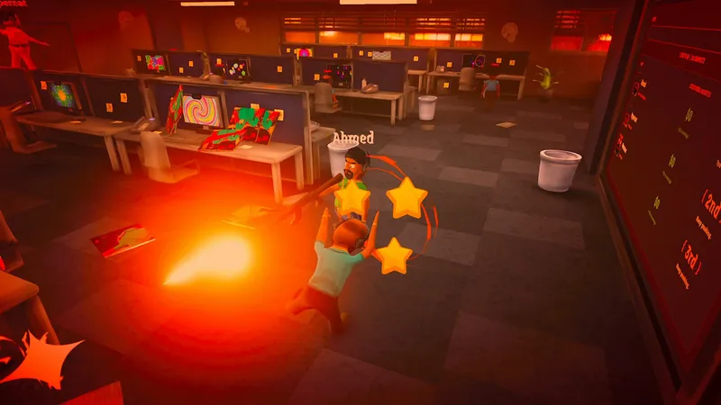 A Scam With Your Friends office workstation and game interface.
