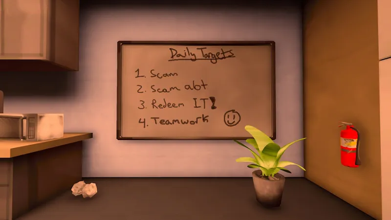An in-game planning board in the Scam With Your Friends office.
